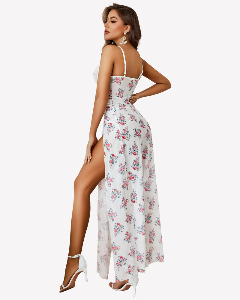 Mesh Floral Slit Pleated Dress with Underwire
