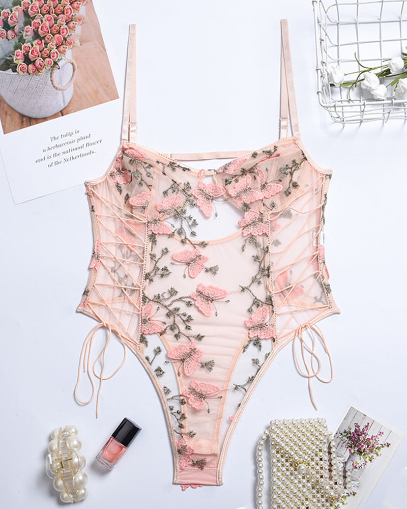 Butterfly Embroidered Lace Bodysuit