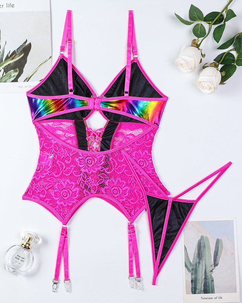 Flash Gradient Laser Cross Tie Waist Lingerie Sets
