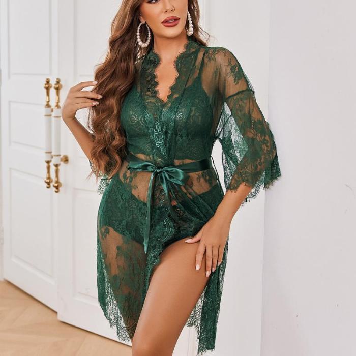 LaceMuse™ 3-Piece Lingerie Set with Sheer Lace Robe