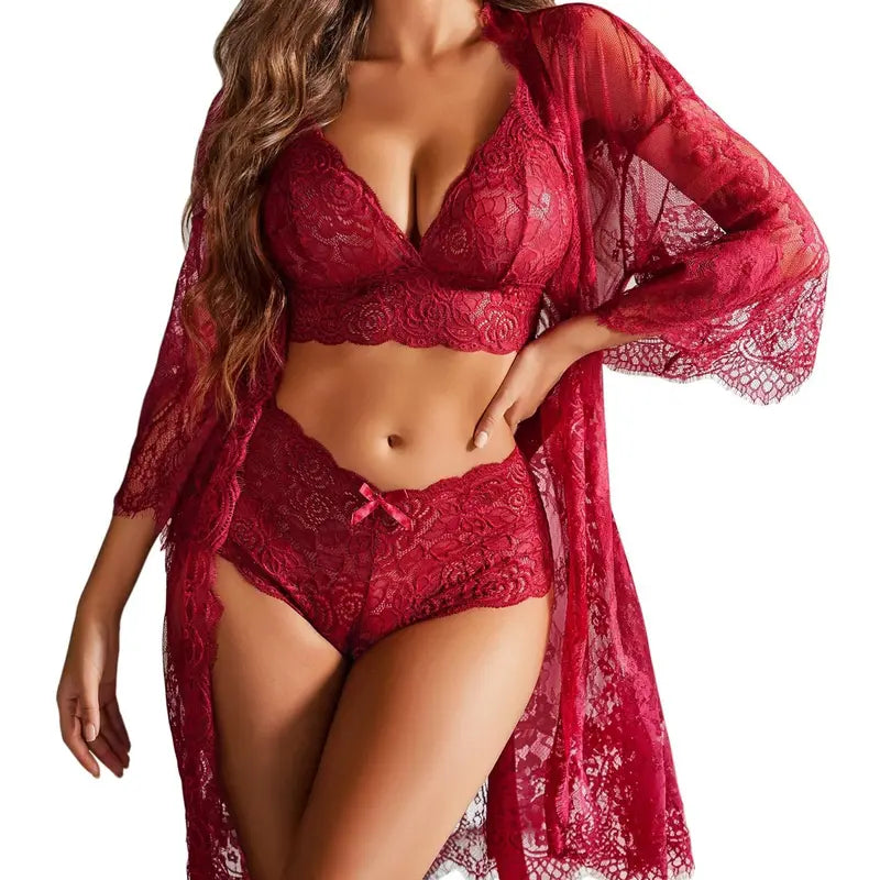 LaceMuse™ 3-Piece Lingerie Set with Sheer Lace Robe