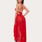 Deep V Neck Lace Mesh Dress