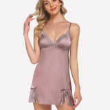 Satin Lace Mini Dress V Neck Nightgown