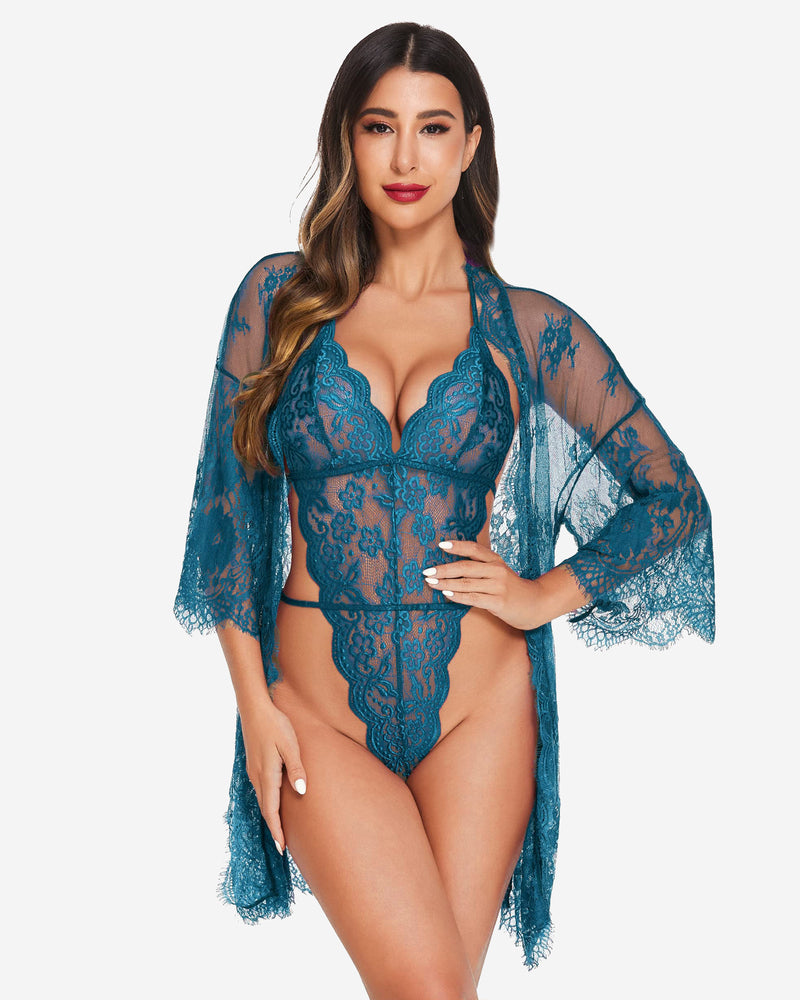 2 Piece Set Lace Robe with Teddy