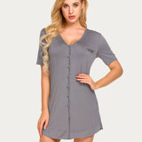 Button Down Short Sleeve V Neck Night Shirt