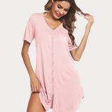 Button Down Short Sleeve V Neck Night Shirt