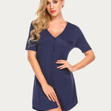 Button Down Short Sleeve V Neck Night Shirt