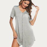 Button Down Short Sleeve V Neck Night Shirt