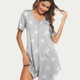 Button Down Short Sleeve V Neck Night Shirt
