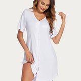 Button Down Short Sleeve V Neck Night Shirt