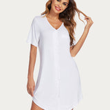 Button Down Short Sleeve V Neck Night Shirt