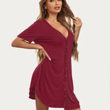 Button Down Short Sleeve V Neck Night Shirt