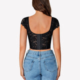 Floral Lace Bustier Cap Sleeve Crop Top