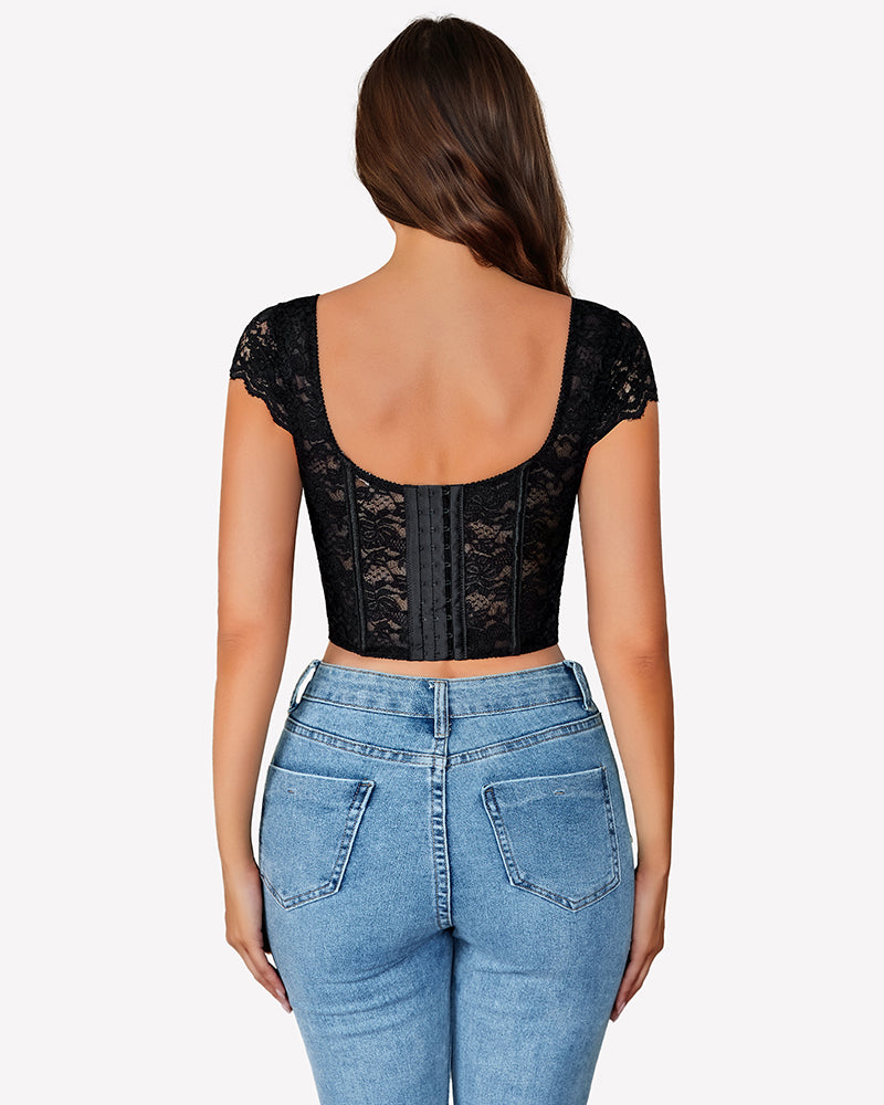 Floral Lace Bustier Cap Sleeve Crop Top