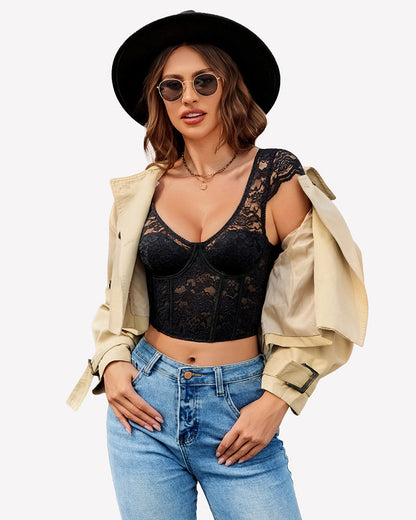 Floral Lace Bustier Cap Sleeve Crop Top