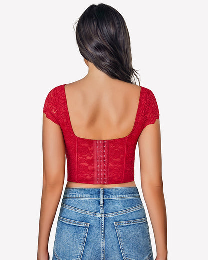 Floral Lace Bustier Cap Sleeve Crop Top