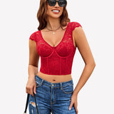 Floral Lace Bustier Cap Sleeve Crop Top