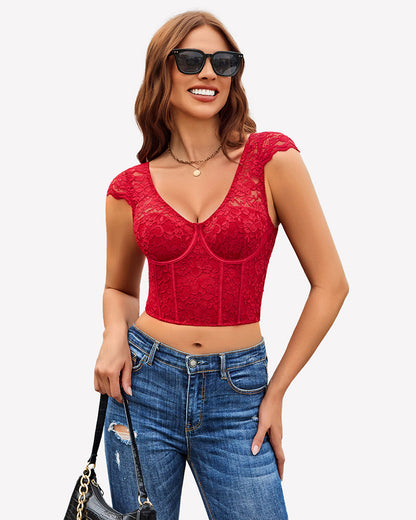 Floral Lace Bustier Cap Sleeve Crop Top