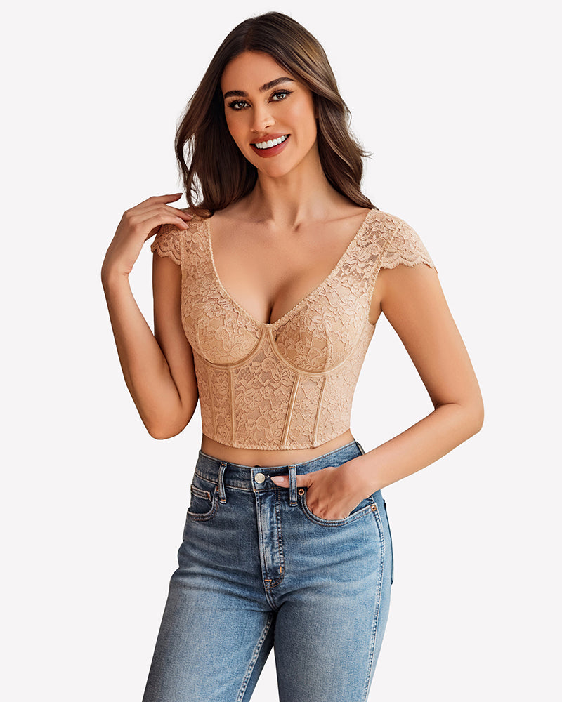 Floral Lace Bustier Cap Sleeve Crop Top