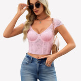 Floral Lace Bustier Cap Sleeve Crop Top