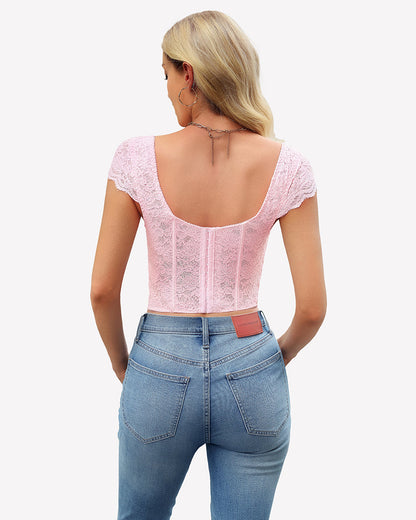 Floral Lace Bustier Cap Sleeve Crop Top