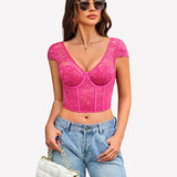 Floral Lace Bustier Cap Sleeve Crop Top