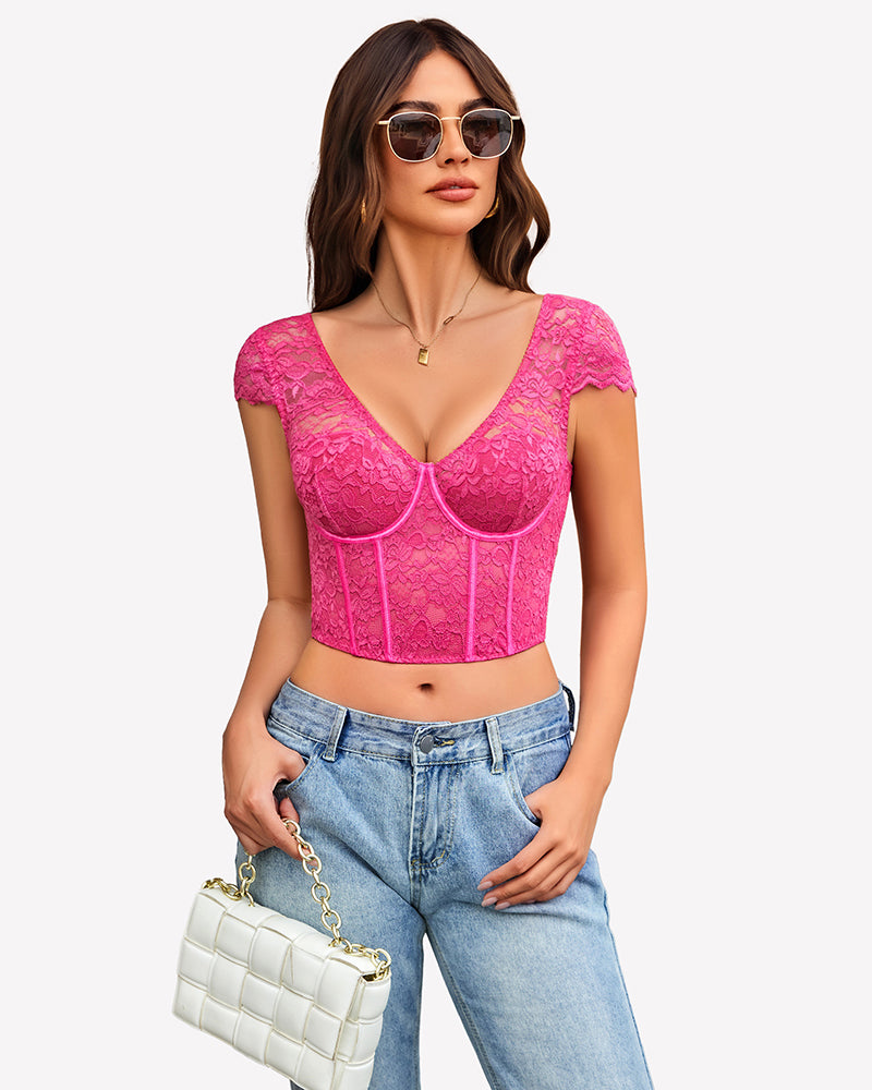 Floral Lace Bustier Cap Sleeve Crop Top