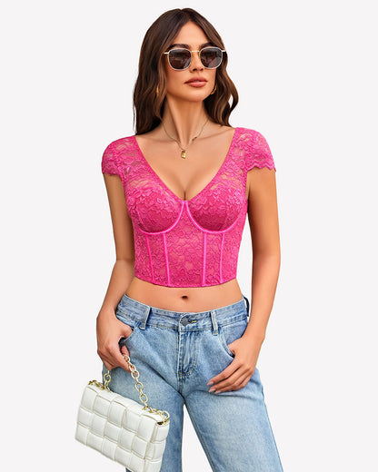 Floral Lace Bustier Cap Sleeve Crop Top