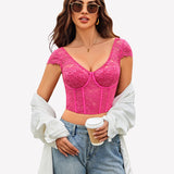 Floral Lace Bustier Cap Sleeve Crop Top