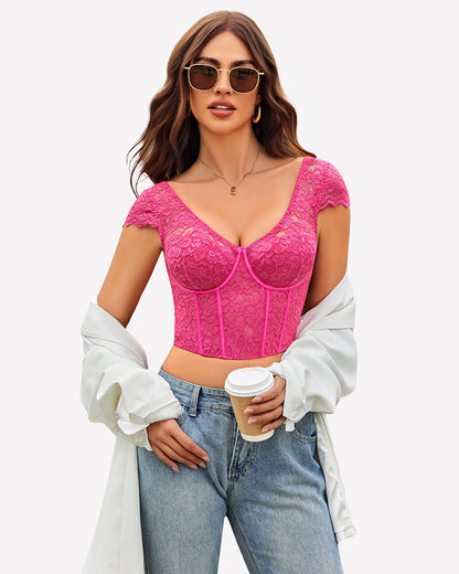 Floral Lace Bustier Cap Sleeve Crop Top