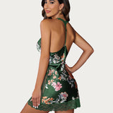 Floral Print Satin Lace Full Slips Dress