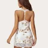 Floral Print Satin Lace Full Slips Dress
