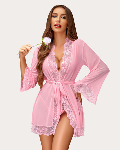 Lace Kimono Robe Mesh Nightgown