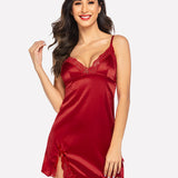 Satin Lace Mini Dress V Neck Nightgown
