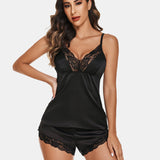 Satin Pajamas Set Lace Cami Shorts Set