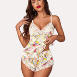 Satin Pajamas Set Lace Cami Shorts Set