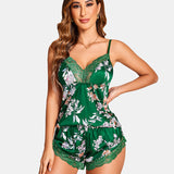 Satin Pajamas Set Lace Cami Shorts Set