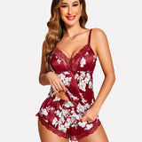 Satin Pajamas Set Lace Cami Shorts Set