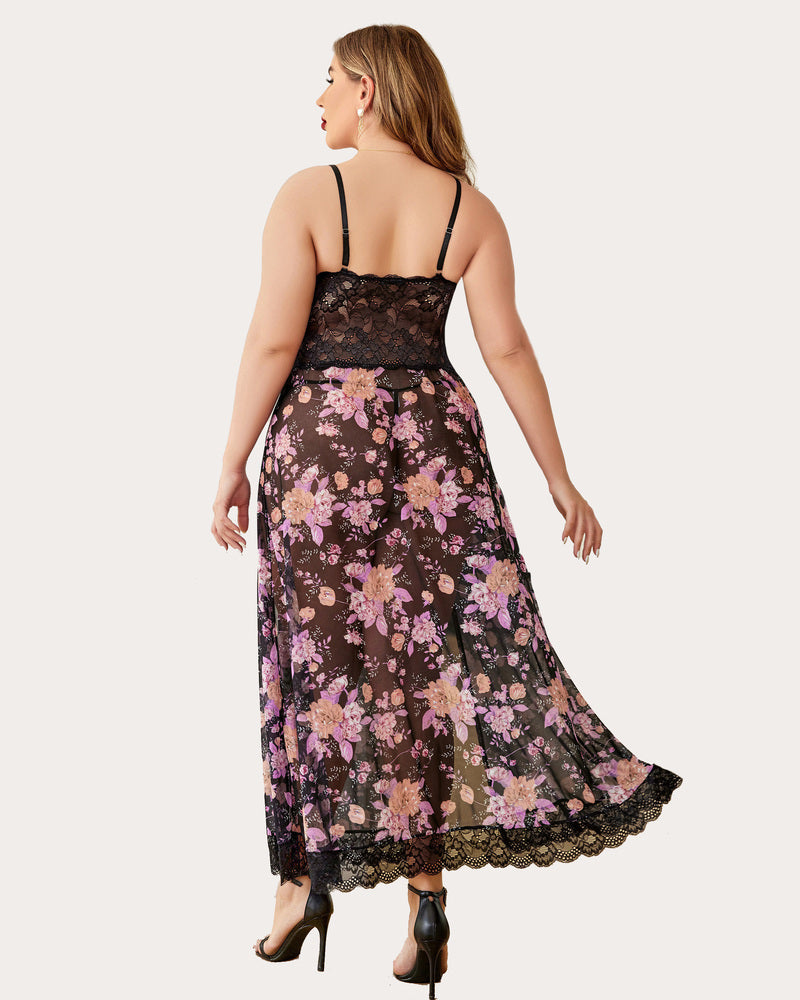 Plus Size Floral Side Slits Nightdress
