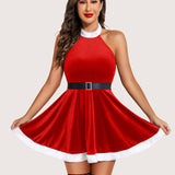 Halter Neck A Line Velvet Party Dress