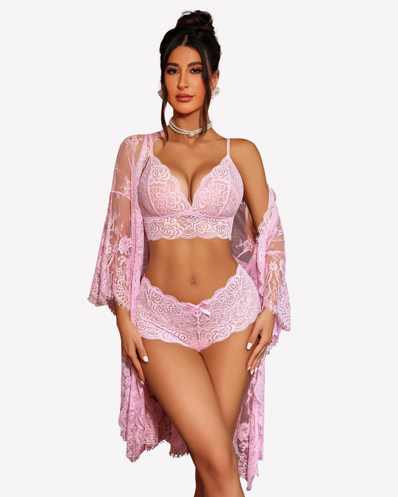 3 Piece Bra and Panty Sets with Robe