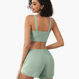 Lace Trim Pajamas Set Ribbed Shorts Pjs Sets