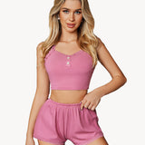 Lace Trim Pajamas Set Ribbed Shorts Pjs Sets