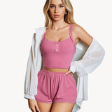 Lace Trim Pajamas Set Ribbed Shorts Pjs Sets