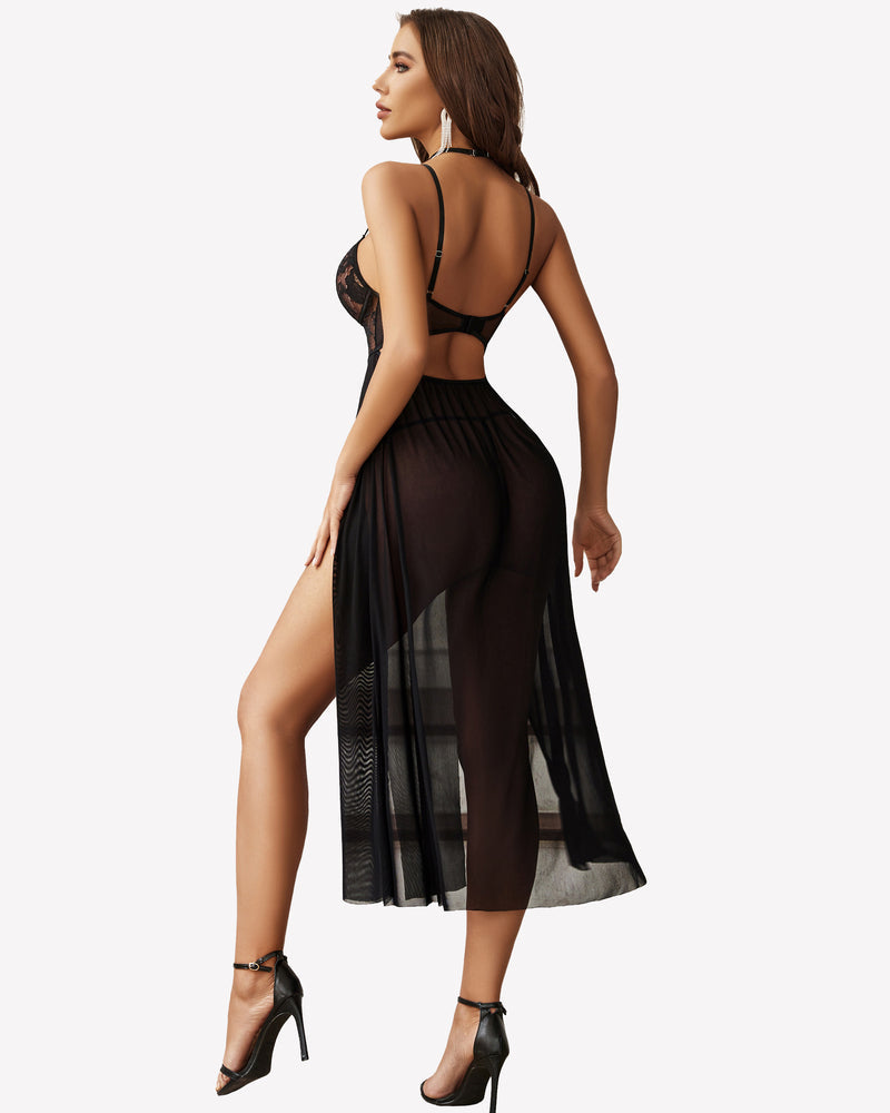 Lace Mesh Side Split Nightgown