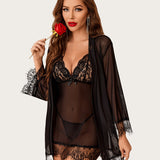 3 Piece Sets Mesh Robe with Lace Dress
