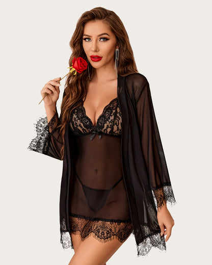 3 Piece Sets Mesh Robe with Lace Dress