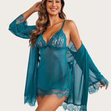 3 Piece Sets Mesh Robe with Lace Dress