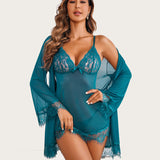 3 Piece Sets Mesh Robe with Lace Dress