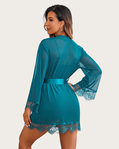 3 Piece Sets Mesh Robe with Lace Dress